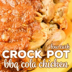 We LOVE this Crock Pot BBQ Cola Chicken! This smoky bbq is an amazing low carb main dish and is also great on salads and in sandwiches and wraps. And, it is freezer friendly! #CrockPot #CrockPotRecipe #LowCarb #LowCarbRecipe #Keto #KetoDiet #LCHF #ChickenRecipe