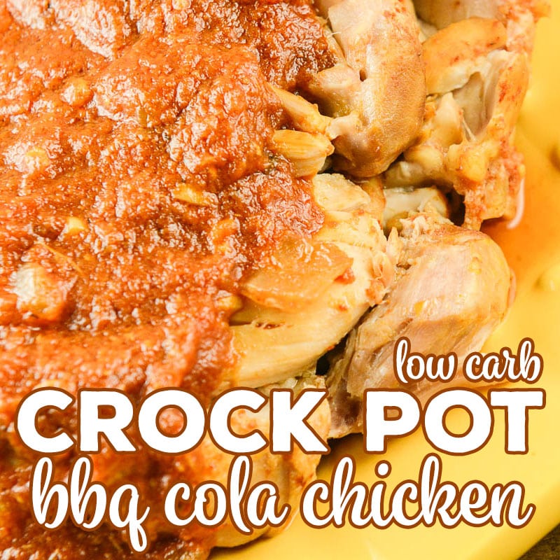 We LOVE this Crock Pot BBQ Cola Chicken! This smoky bbq is an amazing low carb main dish and is also great on salads and in sandwiches and wraps. And, it is freezer friendly! #CrockPot #CrockPotRecipe #LowCarb #LowCarbRecipe #Keto #KetoDiet #LCHF #ChickenRecipe