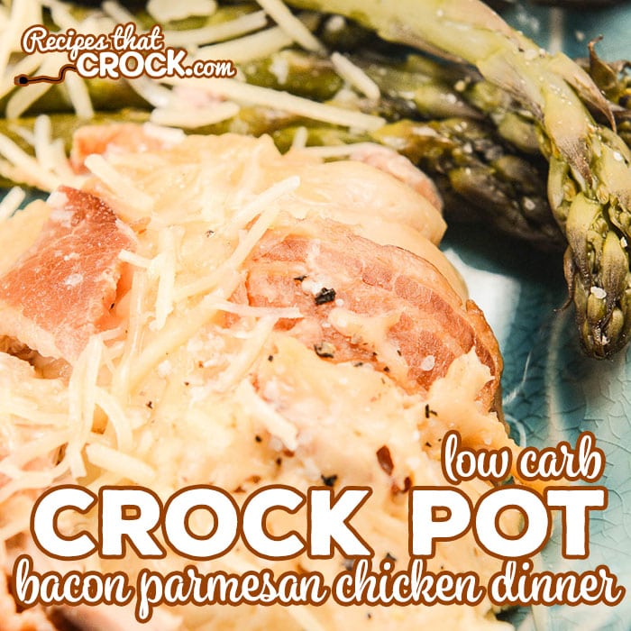 Are you looking for an easy one pot meal that is delicious and low carb? This Crock Pot Bacon Parmesan Chicken Dinner is a simple family dinner that everyone loves! #LowCarb #CrockPot