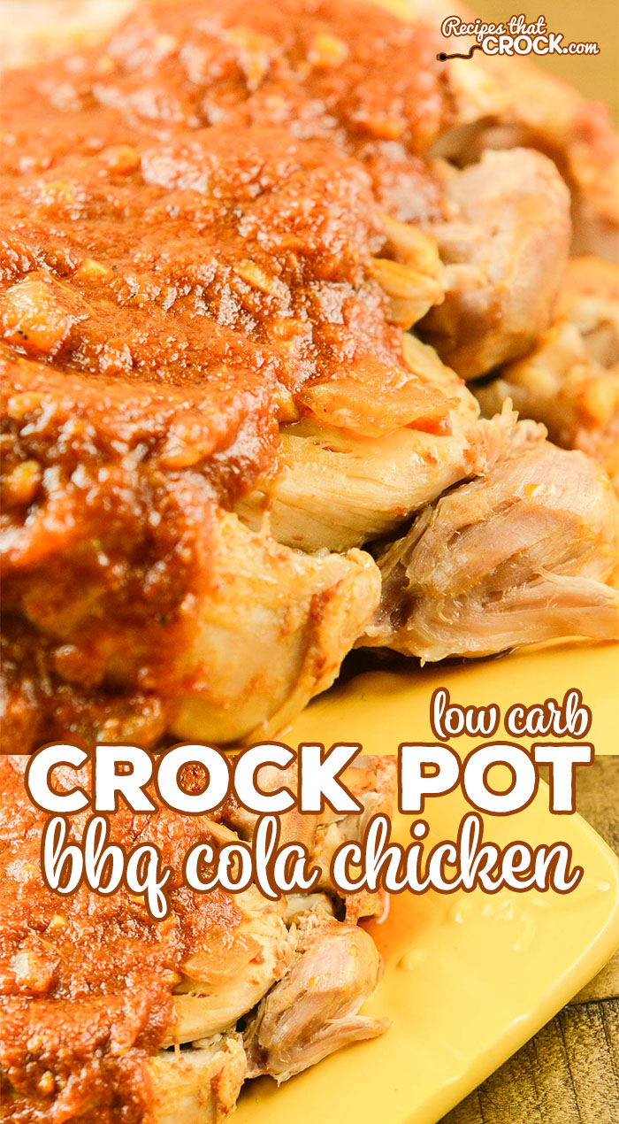 We LOVE this Crock Pot BBQ Cola Chicken! This smoky bbq is an amazing low carb main dish and is also great on salads and in sandwiches and wraps. And, it is freezer friendly! #CrockPot #CrockPotRecipe #LowCarb #LowCarbRecipe #Keto #KetoDiet #LCHF #ChickenRecipe