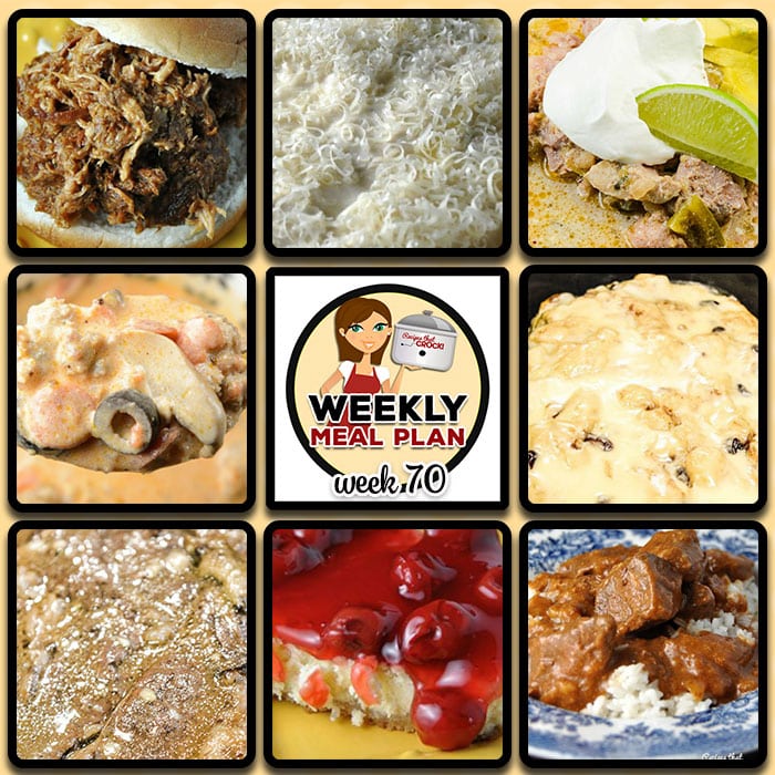 This week's weekly menu featuresย Crock Pot Apple BBQ Chicken,ย Crock Pot Chile Verde,ย Low Carb Crock Pot Pizza Soup, Crock Pot Pork Chops โ Melt In Your Mouth,ย Crock Pot Chicken Alfredo Ravioli Casserole, Crock Pot Goulash,ย Crock Pot Roast with Gravy,ย Crock Pot Honey Nut Snack Mix,ย Crock Pot Cherry Cheesecake Bars and Crock Pot Cranberry Orange Roll Casserole.
