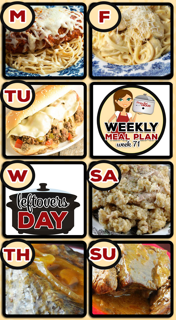 This week's weekly menu featuresย Crock Pot Chicken Parmigiana, Crock Pot Italian Loose Meat Sandwiches,ย Crock Potย Beefy Cheesy Taco Soup,ย Golden Crock Pot Roast,ย Crock Pot Cheesy Chicken Spaghetti,ย Crock Pot Pork Chop Rice Casserole,ย Crock Pot Easy Special Pot Roast,ย Crock Pot Bacon Wrapped Chicken Bites,ย Crock Pot Chocolate Pudding andย Crock Pot Cheesy Ham Hashbrown Casserole.