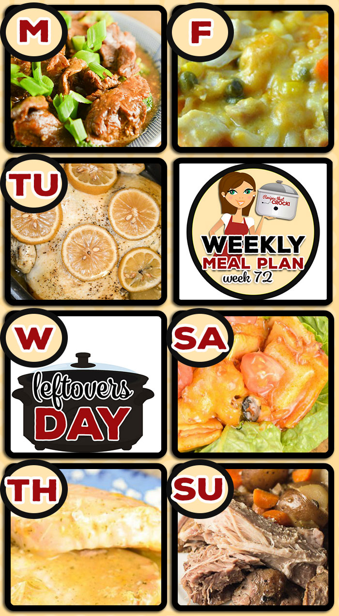 This week's weekly menu features Easy Crock Pot Mongolian Beef, Crock Pot Lemon Pepper Chicken, Crock Pot Cheeseburger Soup,ย Crock Pot Creole Pork Chops,ย Crock Pot One-Pot Chicken Casserole,ย Crock Pot Taco Ravioli Casserole,ย rock Pot Pork Roast and Veggies,ย Crock Pot Firecracker Party Mix,ย Crock Pot Baked Apples andย Crock Pot Cheesy Bacon Casserole.