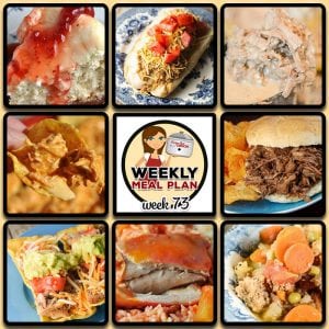 This week's weekly menu features Crock Pot BBQ Steak Sandwiches, Crock Pot Pork Carnitas, Crock Pot Italian Hobo Stew, Crock Pot Asian Honey Chicken, Crock Pot Taco Joes, Crock Pot Catalina Chicken Thighs, Crock Pot Mississippi Beef, Crock Pot Buffalo Ranch Chicken Nachos, Crock Pot Peanut Butter Jelly Cheesecake and Crock Pot Oatmeal Raisin Breakfast Cake.