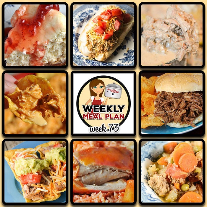 This week's weekly menu featuresย Crock Pot BBQ Steak Sandwiches, Crock Pot Pork Carnitas, Crock Pot Italian Hobo Stew, Crock Pot Asian Honey Chicken, Crock Pot Taco Joes, Crock Pot Catalina Chicken Thighs,ย Crock Pot Mississippi Beef, Crock Pot Buffalo Ranch Chicken Nachos, Crock Pot Peanut Butter Jelly Cheesecake and Crock Pot Oatmeal Raisin Breakfast Cake.