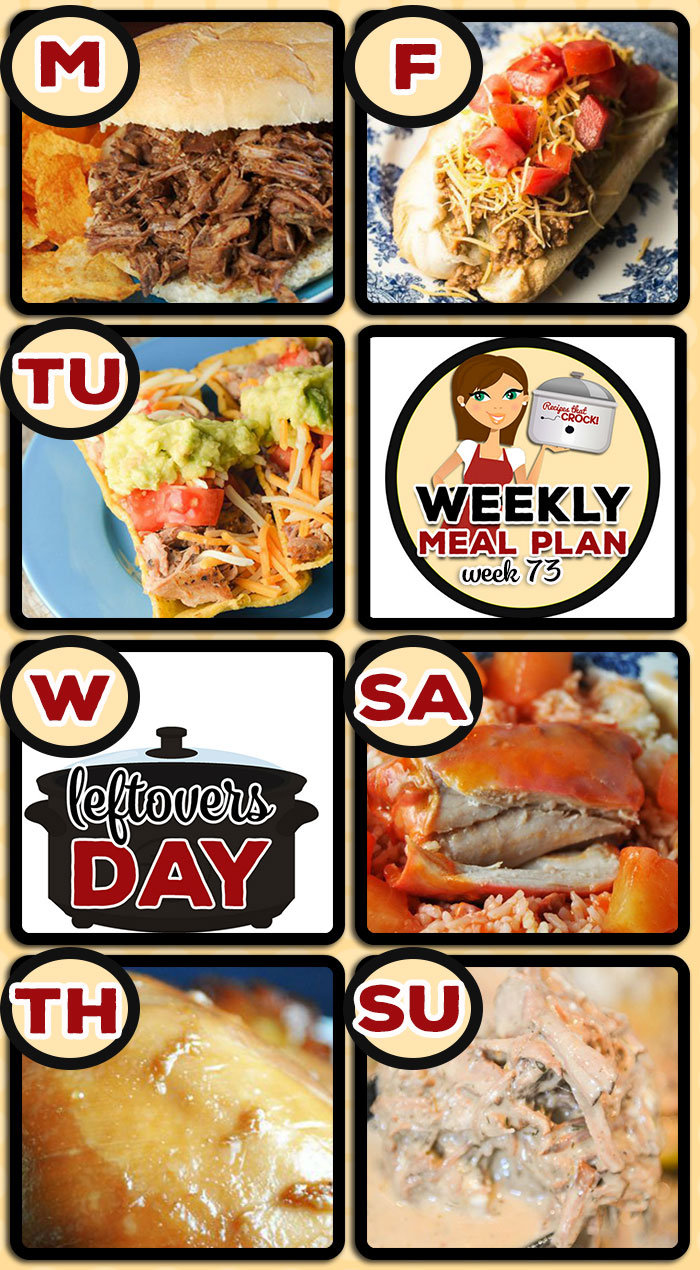This week's weekly menu featuresย Crock Pot BBQ Steak Sandwiches, Crock Pot Pork Carnitas, Crock Pot Italian Hobo Stew, Crock Pot Asian Honey Chicken, Crock Pot Taco Joes, Crock Pot Catalina Chicken Thighs,ย Crock Pot Mississippi Beef, Crock Pot Buffalo Ranch Chicken Nachos, Crock Pot Peanut Butter Jelly Cheesecake and Crock Pot Oatmeal Raisin Breakfast Cake.