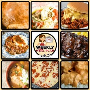 This week's weekly menu features Crock Pot Fire Bird, Crock Pot Mexican Hamburgers, Crock Pot Fiesta Chicken and Beans, Crock Pot Italian Pot Roast, Crock Pot Mozzarella Steak, Crock Pot Pizza with Mac and Cheese Crust, Easy Crock Pot Roast, Creamy Crock Pot Chicken Salsa Dip, Crock Pot Triple White Chocolate Fantasy and Crock Pot Strawberry Breakfast Cake.