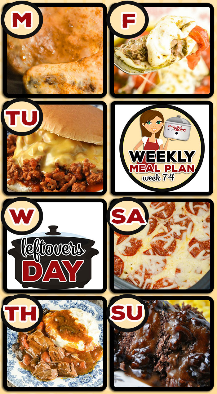 This week's weekly menu features Crock Pot Fire Bird,ย Crock Pot Mexican Hamburgers,ย Crock Pot Fiesta Chicken and Beans,ย Crock Pot Italian Pot Roast,ย Crock Pot Mozzarella Steak,ย Crock Pot Pizza with Mac and Cheese Crust,ย Easy Crock Pot Roast,ย Creamy Crock Pot Chicken Salsa Dip,ย Crock Pot Triple White Chocolate Fantasy and Crock Pot Strawberry Breakfast Cake.