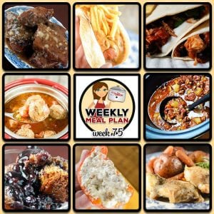 This week's weekly menu features Easy Crock Pot Round Steak, Easy Crock Pot Chicken Tacos, Crock Pot Italian Meatball Soup, Crock Pot Citrus Teriyaki Pork Loin, Crock Pot Chili Cheese Dogs, Crock Pot Beef Stew, One Pot Crock Pot Chicken Dinner, Crock Pot Mini Cream Cheese Stuffed Peppers, Crock Pot Blueberry Cobbler and Crock Pot Southwest Breakfast Casserole.