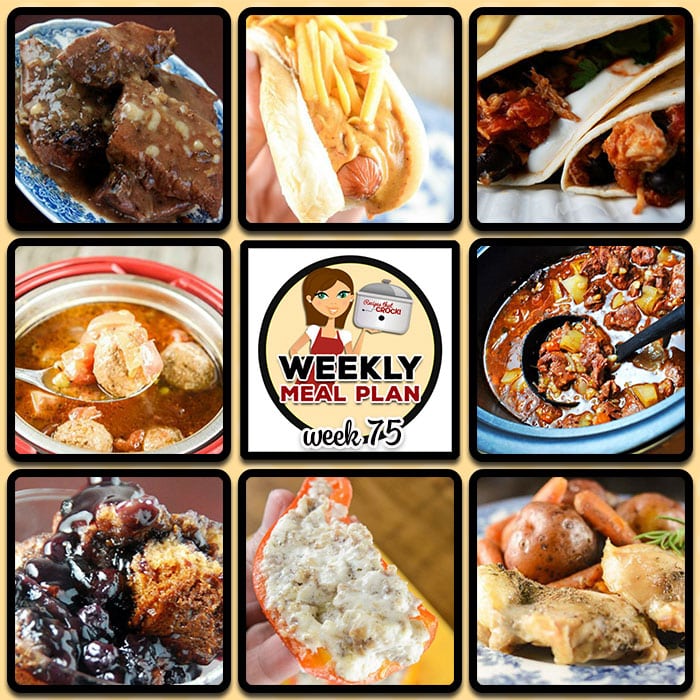 This week's weekly menu featuresย Easy Crock Pot Round Steak, Easy Crock Pot Chicken Tacos,ย Crock Pot Italian Meatball Soup,ย Crock Pot Citrus Teriyaki Pork Loin,ย Crock Pot Chili Cheese Dogs,ย Crock Pot Beef Stew,ย One Pot Crock Pot Chicken Dinner,ย Crock Pot Mini Cream Cheese Stuffed Peppers,ย Crock Pot Blueberry Cobbler andย Crock Pot Southwest Breakfast Casserole.