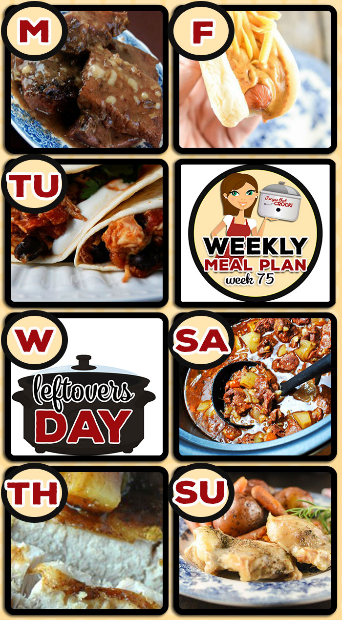 This week's weekly menu featuresย Easy Crock Pot Round Steak, Easy Crock Pot Chicken Tacos,ย Crock Pot Italian Meatball Soup,ย Crock Pot Citrus Teriyaki Pork Loin,ย Crock Pot Chili Cheese Dogs,ย Crock Pot Beef Stew,ย One Pot Crock Pot Chicken Dinner,ย Crock Pot Mini Cream Cheese Stuffed Peppers,ย Crock Pot Blueberry Cobbler andย Crock Pot Southwest Breakfast Casserole.