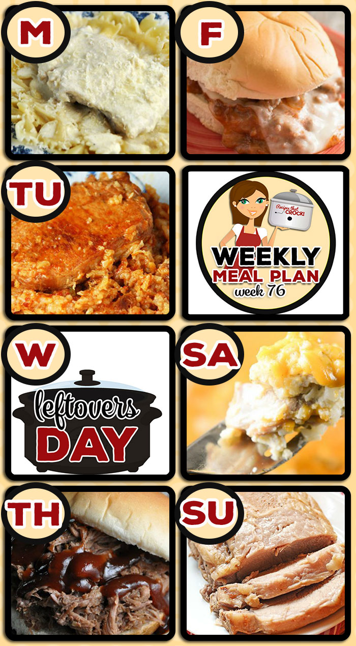This week's weekly menu featuresย Crock Pot Chicken Alfredo, Oh-So-Flavorful Pork Roast,ย Easy Pork Chop Tomato Rice,ย Crock Pot Shredded Beef Sandwiches (Virginia Style),ย Crock Pot Cheesy Chicken Fajita Noodle Soup,ย Crock Pot Pizza Burgers,ย Crock Pot Cheesy Chicken Cauliflower Casserole,ย Crock Pot Fiesta Cheese Dip,ย Crock Pot Cinnamon Roll Mixed Berry Cobbler andย Creamy Crock Pot Oatmeal Recipe.