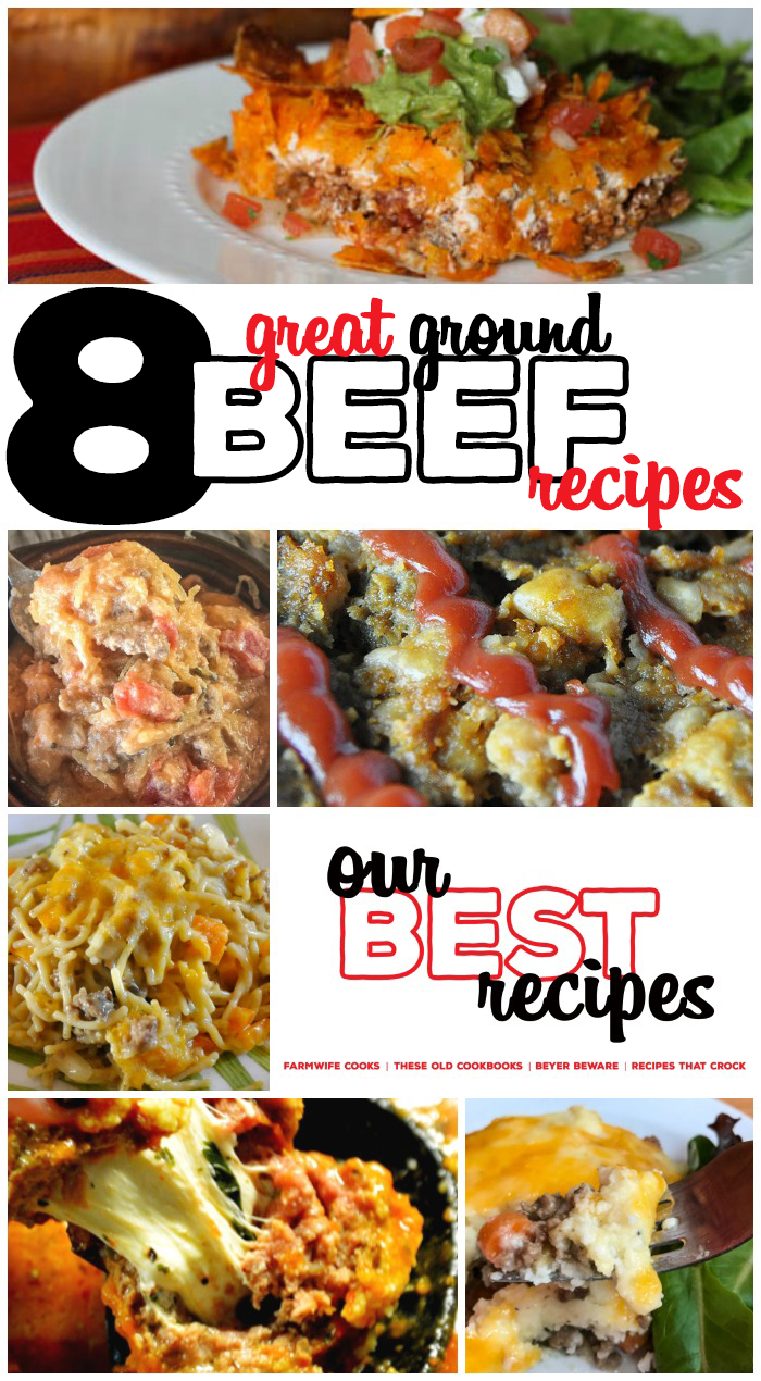 Are you looking for a new ground beef recipe? These quick and easy ground beef recipes are some of the best! This collection of 8 Great Ground Beef Recipes includes family dinner ideas like Cowboy Beans, Taco Bake, Meatballs, Shepherd's Pie and more! Low Carb Ground Beef Recipes too!