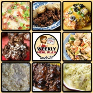 This week's weekly menu features Crock Pot Mexican Lasagna, Low Carb Crock Pot Creamy Bacon Onion Chicken, Crock Pot Broccoli Cheese Soup, Easy Crock Pot Creamy Pork and Rice, Crock Pot Hamburger Casserole, Crock Pot Mu Shu Pork, Easy Crock Pot Roast, Crock Pot Party Sausages, Crock Pot Rocky Road Candy and Crock Pot Ham Tomato Egg Casserole.
