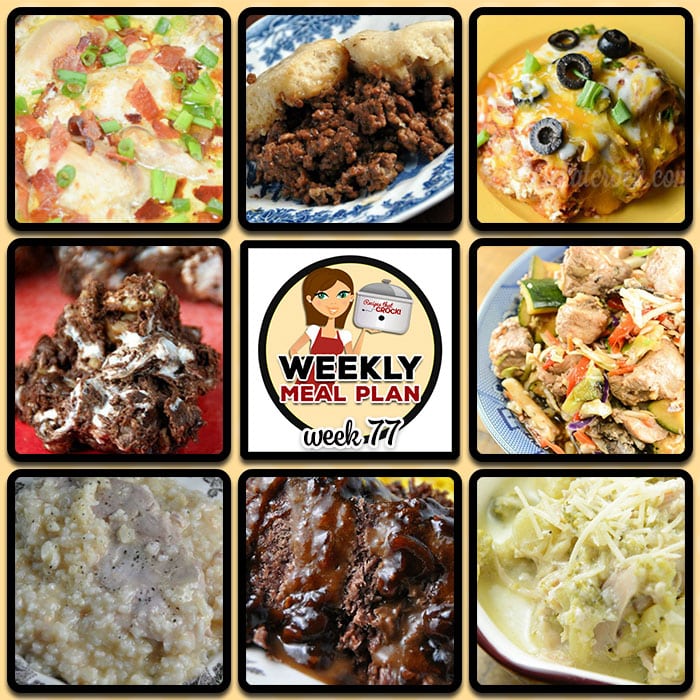 This week's weekly menu features Crock Pot Mexican Lasagna, Low Carb Crock Pot Creamy Bacon Onion Chicken, Crock Pot Broccoli Cheese Soup, Easy Crock Pot Creamy Pork and Rice, Crock Pot Hamburger Casserole, Crock Pot Mu Shu Pork, Easy Crock Pot Roast, Crock Pot Party Sausages, Crock Pot Rocky Road Candy and Crock Pot Ham Tomato Egg Casserole.