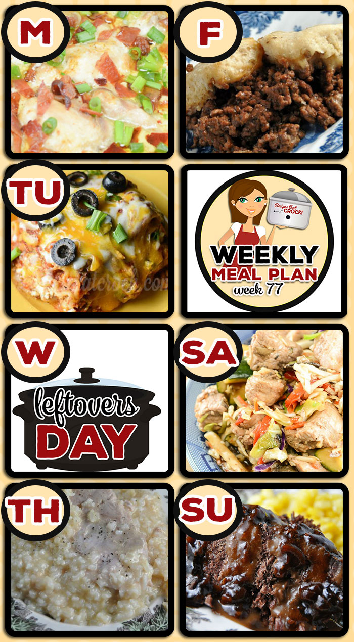 This week's weekly menu features Crock Pot Mexican Lasagna, Low Carb Crock Pot Creamy Bacon Onion Chicken, Crock Pot Broccoli Cheese Soup, Easy Crock Pot Creamy Pork and Rice, Crock Pot Hamburger Casserole, Crock Pot Mu Shu Pork, Easy Crock Pot Roast, Crock Pot Party Sausages, Crock Pot Rocky Road Candy and Crock Pot Ham Tomato Egg Casserole.