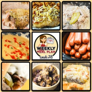 This week's weekly menu features Crock Pot Duck, Crock Pot Cheesy Taco Pork Chops, Crock Pot Buffalo Chicken Soup, Crock Pot Philly Cheesesteak, Creamy Crock Pot Mississippi Chicken, Cooking Hot Dogs in Bulk, Crock Pot Meatloaf Parmesan, Creamy Crock Pot Chicken Salsa Dip, Mixed Berry Crock Pot Cobbler and Crock Pot Blueberry Breakfast Casserole.