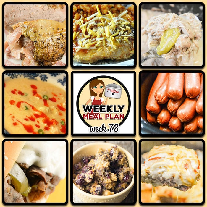 This week's weekly menu featuresย Crock Pot Duck,ย Crock Pot Cheesy Taco Pork Chops,ย Crock Pot Buffalo Chicken Soup,ย Crock Pot Philly Cheesesteak, Creamy Crock Pot Mississippi Chicken,ย Cooking Hot Dogs in Bulk,ย Crock Pot Meatloaf Parmesan,ย Creamy Crock Pot Chicken Salsa Dip,ย Mixed Berry Crock Pot Cobbler andย Crock Pot Blueberry Breakfast Casserole.