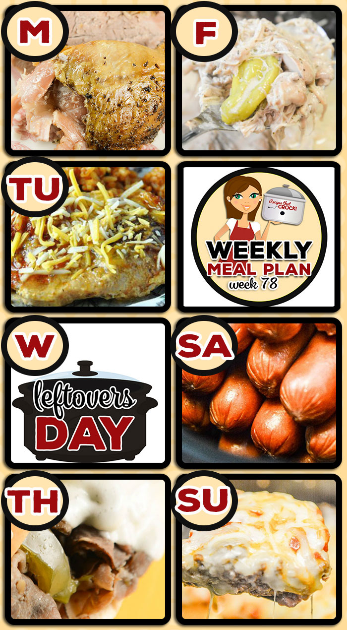 This week's weekly menu featuresย Crock Pot Duck,ย Crock Pot Cheesy Taco Pork Chops,ย Crock Pot Buffalo Chicken Soup,ย Crock Pot Philly Cheesesteak, Creamy Crock Pot Mississippi Chicken,ย Cooking Hot Dogs in Bulk,ย Crock Pot Meatloaf Parmesan,ย Creamy Crock Pot Chicken Salsa Dip,ย Mixed Berry Crock Pot Cobbler andย Crock Pot Blueberry Breakfast Casserole.