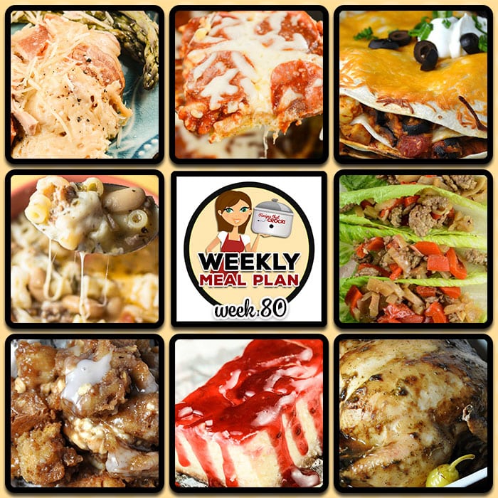 This week's weekly menu featuresย Crock Pot Bacon Parmesan Chicken Dinner,ย Crock Pot Chicken Tostada Pie,ย Olive Garden Pasta Fagioli Crock Pot Copycat Recipe,ย Crock Pot Scalloped Potatoes and Ham,ย Crock Pot Pizza with Mac and Cheese Crust,ย Crock Pot Lettuce Wraps,ย Crock Pot Mississippi Whole Chicken,ย Low Carb Crock Pot Cheesecake,ย Crock Potย Hot Crab Dip andย Cream Cheese Cinnamon Roll Crock Pot Casserole.