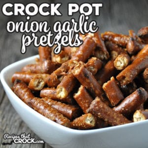 This Crock Pot Onion Garlic Pretzels recipe is a great way to dress up a simple treat! They're easy and delicious too! Can't beat that!