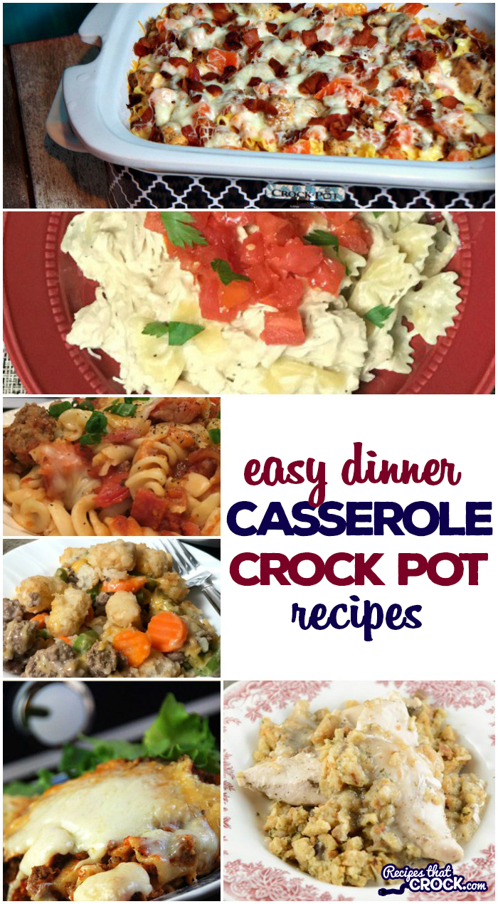 Easy dinner casserole crock pot recipes for the casserole crock pot including Crock Pot Tater Tot Casserole, Crock Pot Sausage Potato Casserole, Crock Pot Crustless Pizza, Crock Pot Chili Dog Casserole, Ham and Cheese Pasta Bake, Crock Pot Meat Lovers Pizza Casserole, Crock Pot Cowboy Casserole, Crock Pot Chicken Bacon Ranch Pizza Casserole, Easy Crock Pot Creamy Chicken Pasta Casserole, Crock Pot Chicken Pot Pie and much, much more! Low carb options too!