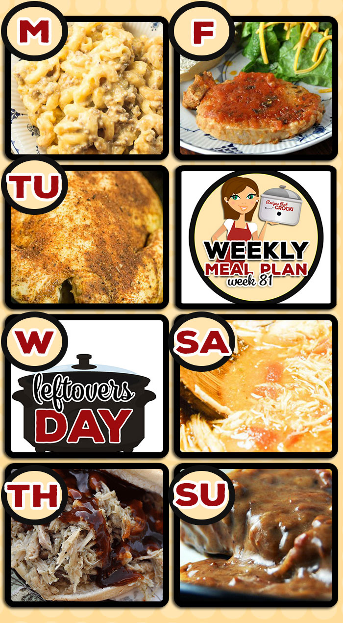 This week's weekly menu features Crock Pot Beefy Mac, Crock Pot Cajun Chicken,ย Crock Pot Beef Barley Soup,ย Crock Pot Italian Pulled Pork Sandwiches,ย Crock Pot Tangy Pork Chops,ย Crock Pot Garlic Tomato Chicken,ย Slow Cooker Steak with Gravy,ย Crock Pot Cream Soda Poke Cake,ย Homemade Crock Pot Meatballs andย Crock Pot Cheese Souffle.
