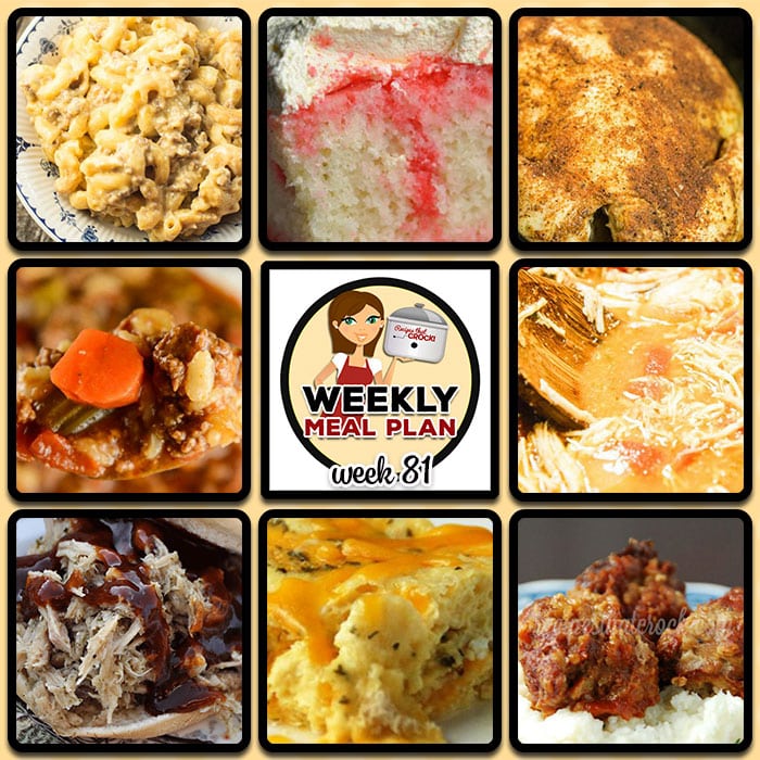 This week's weekly menu features Crock Pot Beefy Mac, Crock Pot Cajun Chicken,ย Crock Pot Beef Barley Soup,ย Crock Pot Italian Pulled Pork Sandwiches,ย Crock Pot Tangy Pork Chops,ย Crock Pot Garlic Tomato Chicken,ย Slow Cooker Steak with Gravy,ย Crock Pot Cream Soda Poke Cake,ย Homemade Crock Pot Meatballs andย Crock Pot Cheese Souffle.
