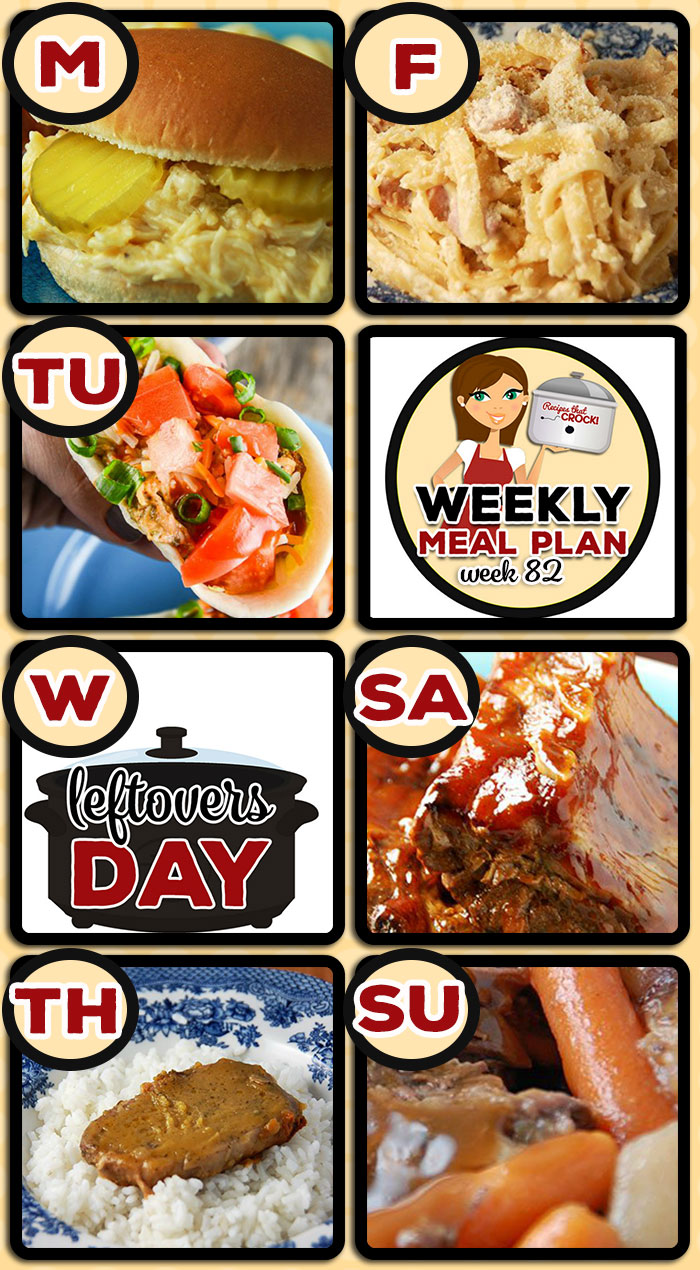 This week's weekly menu features Crock Pot Creamed Chicken Sandwich,ย Quick and Easy Chicken Tacos,ย Slow Cooker Tortellini Soup,ย Slow Cooker Ranch Pork Chops, Crock Potย Cheesy Ham Fettuccine,ย Crock Pot Barbecue Ribs,ย Best Ever Slow Cooker Roast,ย Crock Pot Chocolate Peanut Butter Lava Cake,ย Crock Pot Buffalo Ranch Dip andย Crock Pot Blueberry Coffee Cake.