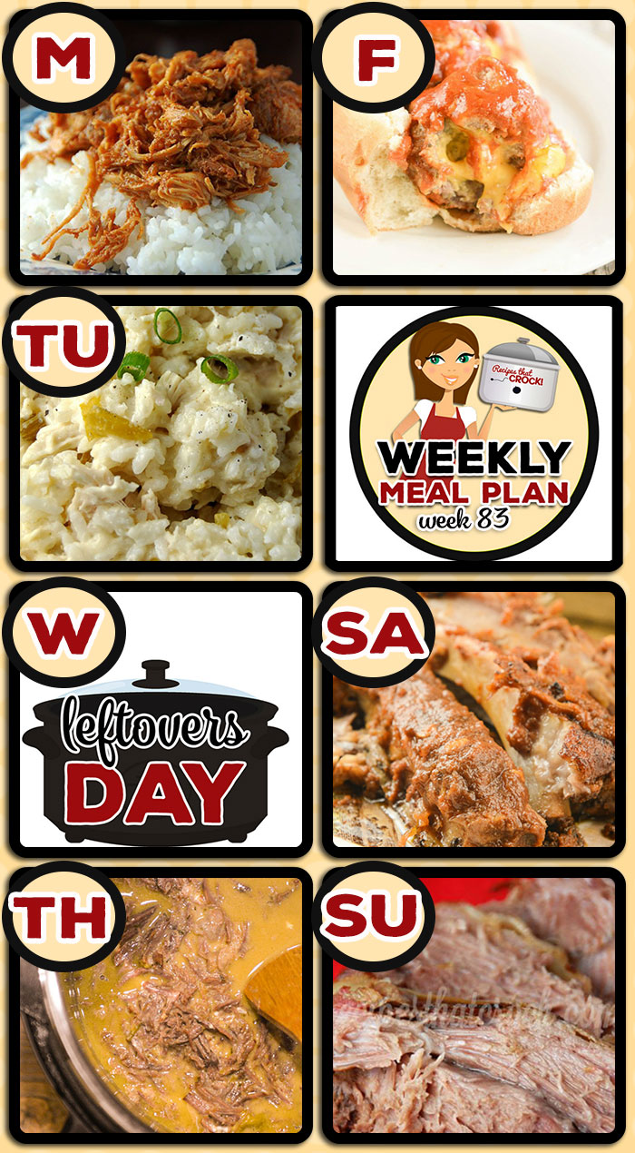 This week's weekly menu featuresย Slow Cooker Sloppy Joe Chicken,ย Crock Pot Chicken Chile Rice Casserole,ย Crock Pot Chicken Taco Soup,ย Creamy Mississippi Instant Pot Roast,ย Cheesy Stuffed Sloppy Joe Meatballs,ย Low Carb Crock Pot BBQ Cola Ribs,ย Crock Pot Easy Pork Roast, Crock Pot Strawberry Cream Cake, Crock Pot Cheesy Beefy Bean Dip andย Slow Cooker Southwest Breakfast Casserole.