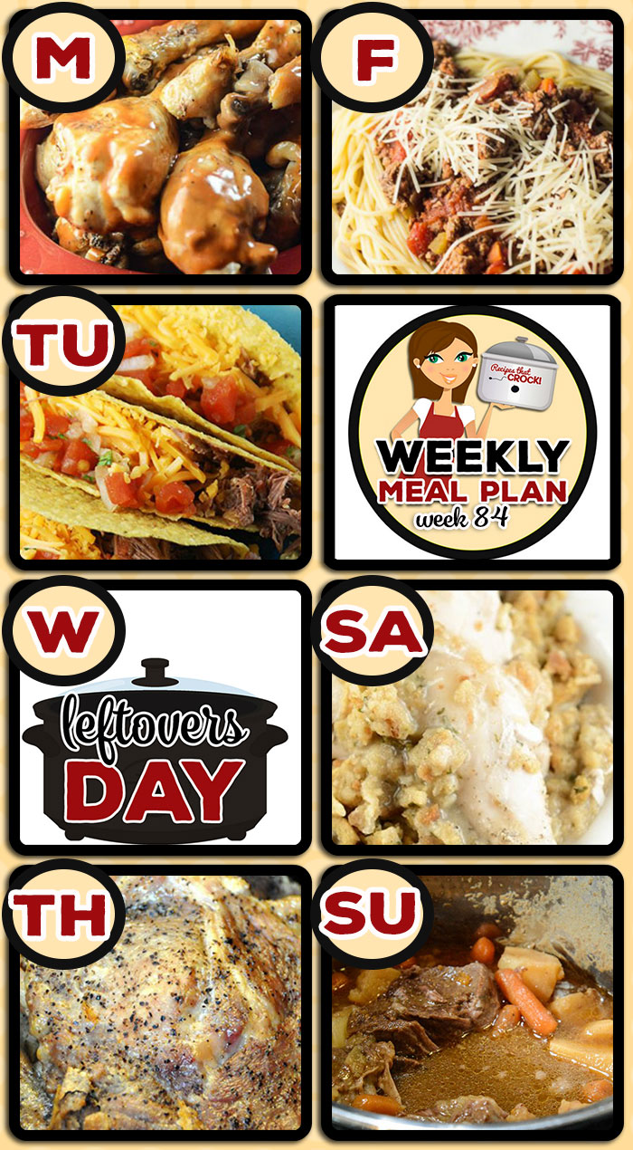 This week's weekly menu features Crock Pot BBQ Ranch Chicken Legs,ย Crock Pot Steak Tacos,ย Crock Pot Meat Lover's Chili,ย Crock Pot Lemon Pepper Pork Chops,ย Barillaยฎ Spaghetti with {Crock Pot} San Marzano Tomato Meat Sauce,ย Crock Pot Chicken Stuffing Casserole,ย Perfect Instant Pot Roast (Perfect Crock Pot Roast or Perfect Pot Roast),ย Sugar Free Crock Pot Carrot Cake (Low Carb),ย Crock Pot Buffalo Meatballs and Crock Pot Cranberry Orange Roll Casserole.