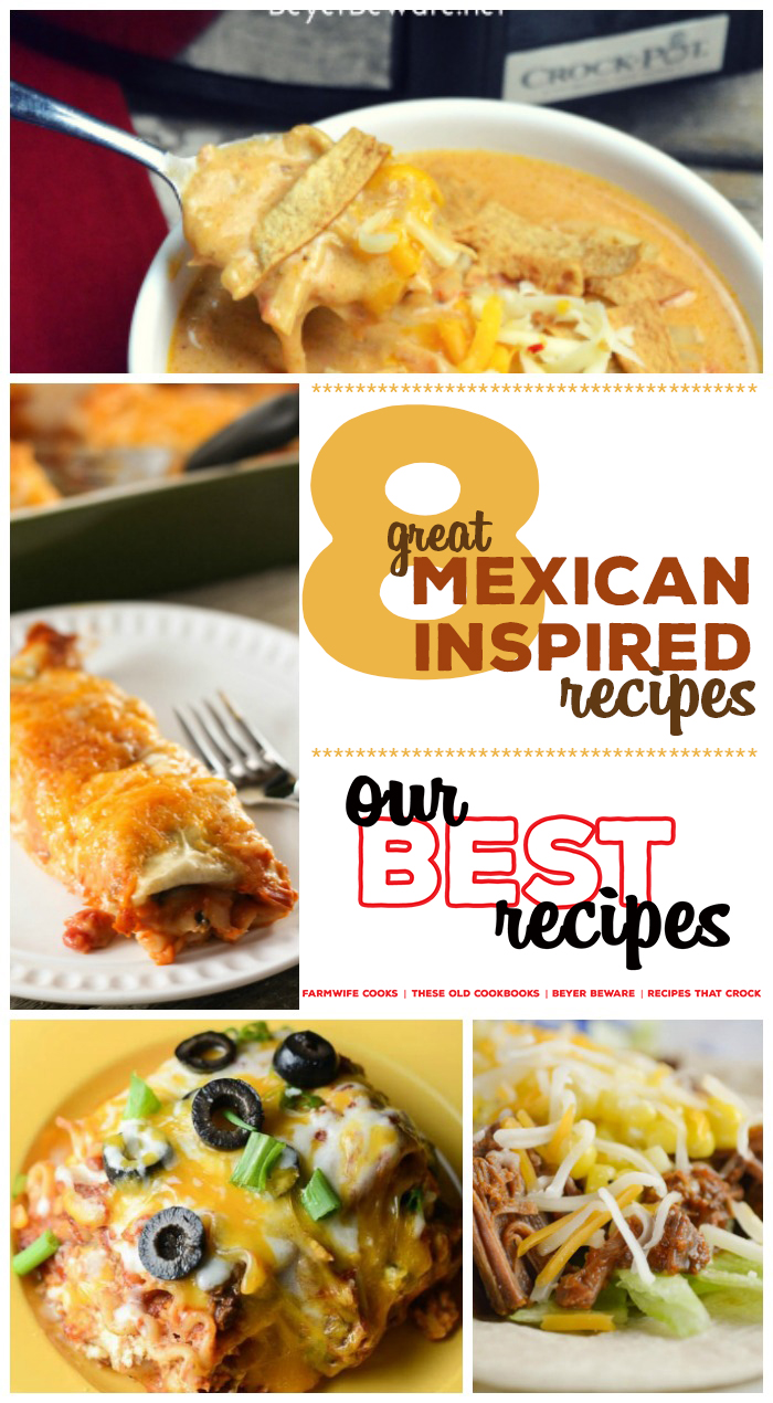 Are you looking for great Mexican-inspired recipes? Our Best Recipes Series continues with dishes likeย Burrito Style Beef Enchiladas, Crock Pot Low-Carb Chicken Tortilla Soup,ย Crock Pot Mexican-Inspired Lasagna, Taco Bake,ย Crock Pot Low-Carb Taco Soup, Crock Pot Ground Beef Acapulco Enchiladas,ย Crock Pot Tex Mex Chicken Tacos andย Electric Pressure Cooker Taco Beef.