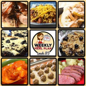 This week's weekly menu features Easy Shredded Pork, Slow Cooker Taco Soup, Crock Pot Chili Soup, Creamy Crock Pot Dijon Mushroom Pork, Crock Pot Philly Cheese Steak Casserole, Crock Pot Campfire Chicken, Easy Crock Pot Corned Beef, Crock Pot Cookies ‘n Cream Brownies, Homemade Frozen Meatballs and Crock Pot Blueberry Oatmeal.
