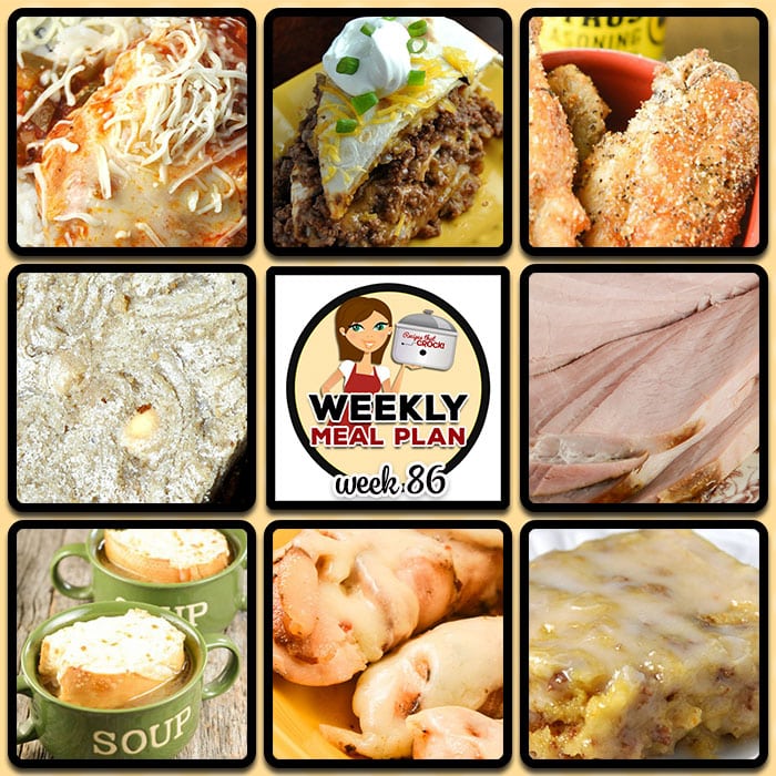 This week's weekly menu features Crock Pot Mozzarella Chicken and Rice, Crock Pot Beefy Tostada Pie, Crock Pot French Onion Soup, Slow Cooker Red Beans and Sausage, Crock Pot Cola Pulled Pork, Crock Pot Italian Bacon Chicken Tenders, Crock Pot Low Carb Holiday Ham, Crock Pot Blondies, Crock Pot Chicken Wings – BW3 Copycat recipe and Crock Pot Glazed Breakfast Bars.