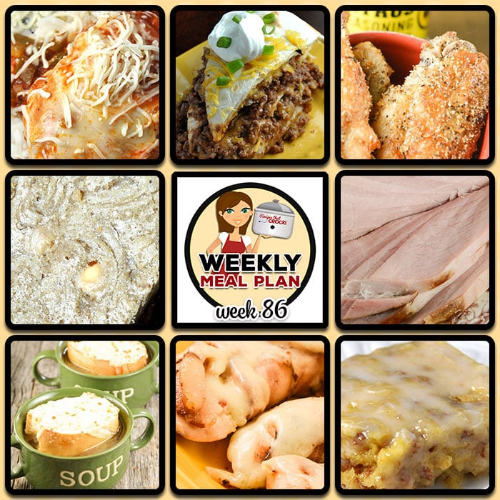 This week's weekly menu featuresย Crock Pot Mozzarella Chicken and Rice,ย Crock Pot Beefy Tostada Pie,ย Crock Pot French Onion Soup,ย Slow Cooker Red Beans and Sausage,ย Crock Pot Cola Pulled Pork,ย Crock Pot Italian Bacon Chicken Tenders,ย Crock Pot Low Carb Holiday Ham,ย Crock Pot Blondies,ย Crock Pot Chicken Wings โ BW3 Copycat recipe and Crock Pot Glazed Breakfast Bars.
