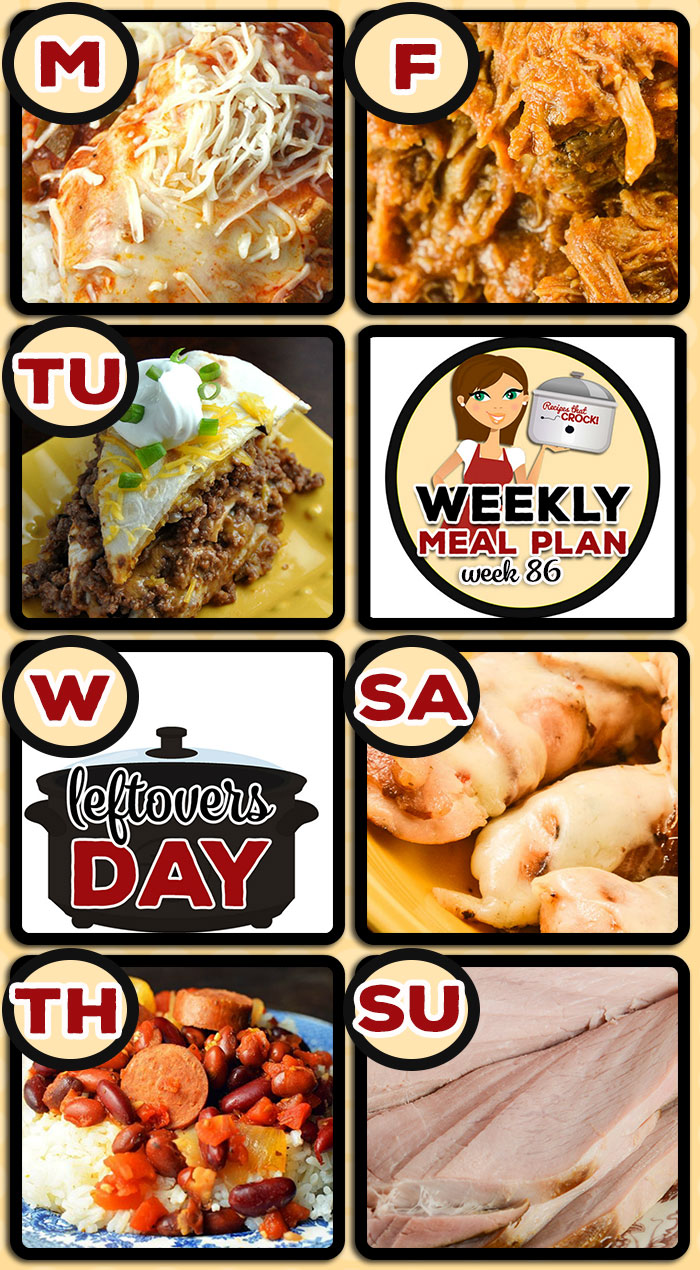 This week's weekly menu features Crock Pot Mozzarella Chicken and Rice, Crock Pot Beefy Tostada Pie, Crock Pot French Onion Soup, Slow Cooker Red Beans and Sausage, Crock Pot Cola Pulled Pork, Crock Pot Italian Bacon Chicken Tenders, Crock Pot Low Carb Holiday Ham, Crock Pot Blondies, Crock Pot Chicken Wings – BW3 Copycat recipe and Crock Pot Glazed Breakfast Bars.