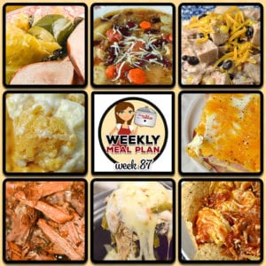This week's weekly menu features Crock Pot Ham Steak Dinner, Crock Pot Azteca Chicken, Crock Pot Minestrone Soup, Crock Pot Pepper Jack Chicken, Crock Pot Unstuffed Cabbage Casserole, Crock Pot Sausage Corn Chowder, Crock Pot Balsamic Roast, Crock Pot Broccoli Cheese Casserole, Crock Pot Cream Cheese Cookie Spoon Cake, Crock Pot Nacho Chicken Dip and Crock Pot Bacon Egg Breakfast Pie.