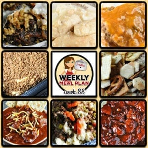 This week's weekly menu features Homestyle Crock Pot Chicken, Crock Pot Salisbury Steak, Crock Pot Double Meat Chili, Crock Pot Catalina Pineapple Chicken, Crock Pot French Onion Beef Casserole, Slow Cooker Rotisserie Chicken, Crock Pot Shepherd's Pie, Crock Pot Graham Streusel Spoon Cake, Crock Pot Cracker Crunch Snack Mix and Crock Pot Pecan Rolls.