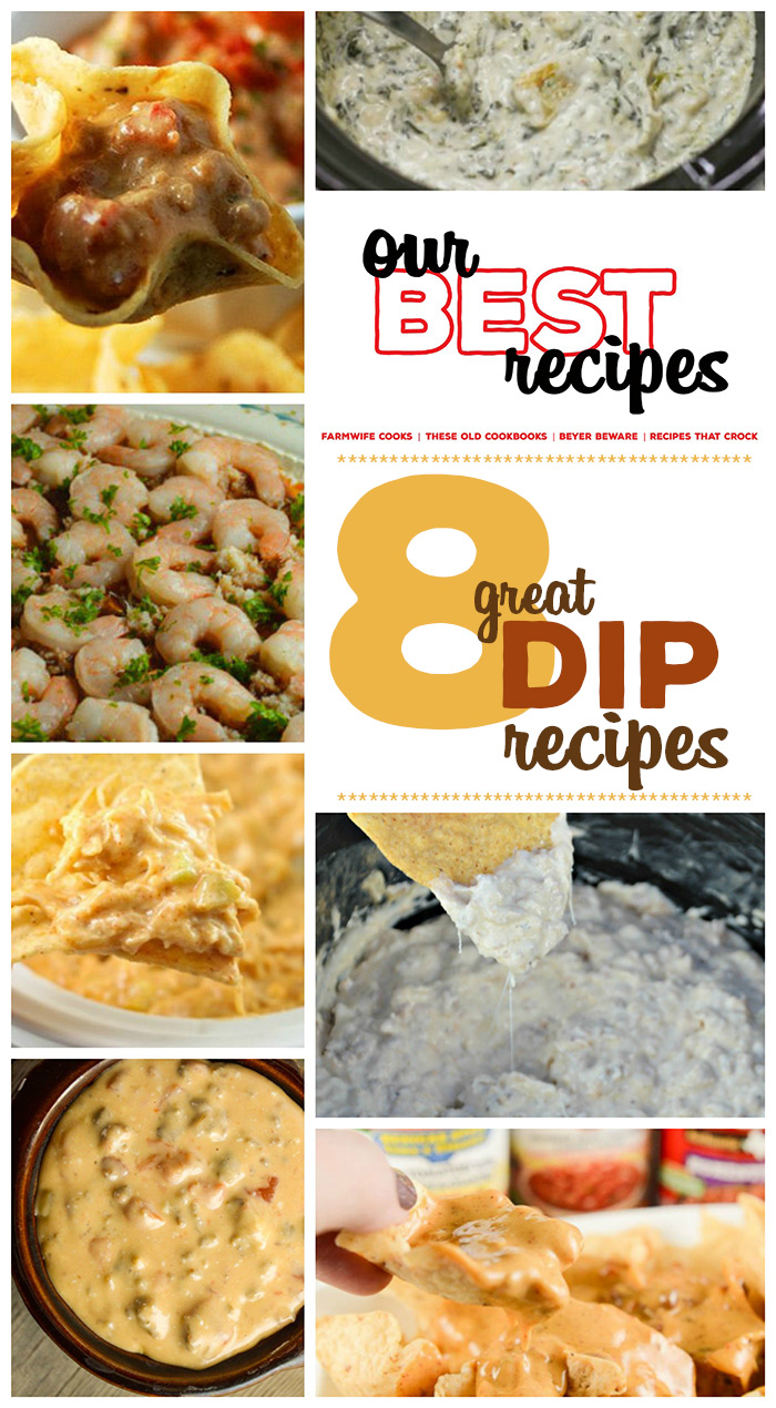This collection of 8 Great Dip Recipes includes Spinach Artichoke Dip, Bacon Cheeseburger Dip, Cold Crap Party Dip and so much more! These easy recipes are great for parties and potlucks!