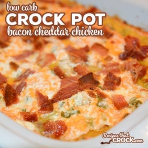 Our Crock Pot Bacon Cheddar Chicken recipe is a family favorite! This creamy loaded chicken casserole is easy to make and also low carb!
