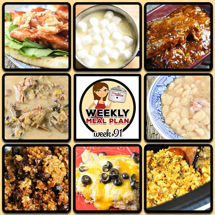 This week's weekly menu featuresย Crock Pot BBQ Chicken Flatbreads,ย Crock Pot Chicken Enchiladas,ย Crock Pot Steak Mushroom Soup, Easy Crock Pot Ham, Slow Cooker Stuffing,ย Crock Pot Lasagna, Easy Crock Pot Honey Pork Steaks,ย Old Fashioned Crock Pot Lima Beans and Ham,ย Crock Pot Upside Down Blueberry Lemon Cake,ย Crock Pot Hot White Chocolate and Crock Pot Oatmeal Raisin Cookie Overnight Oats.