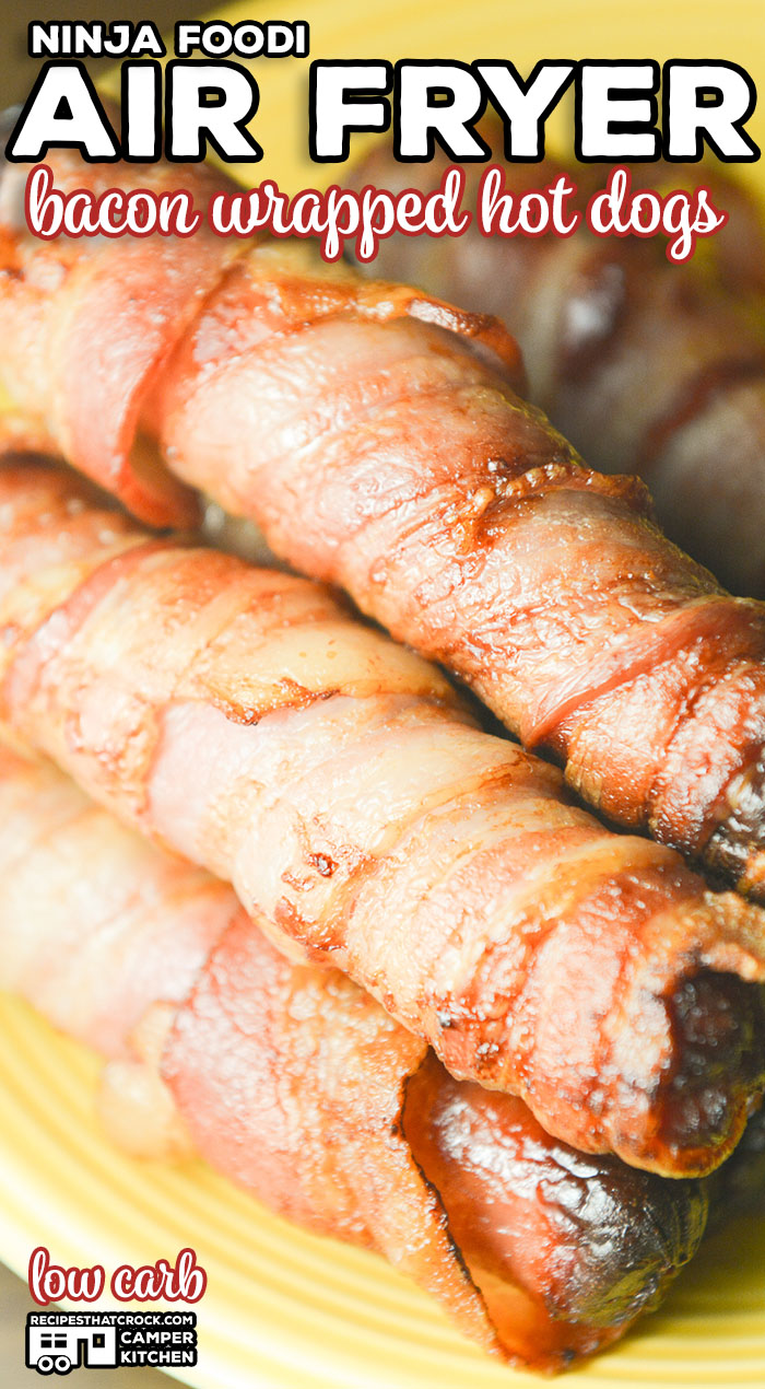 We love making these Air Fryer Bacon Wrapped Hot Dogs! This is a quick and easy low carb Ninja Foodi recipe that kids of all ages love!
