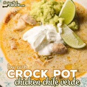 We make this Crock Pot Chicken Chile Verde Soup all the time! Flavorful and savory, this low carb soup recipe is one of our favorites!