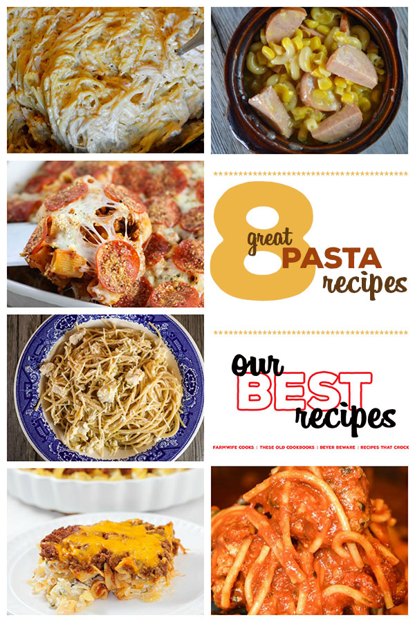This collection of 8 Great Pasta Recipes includes Crock Pot Creamy Chicken Spaghetti, Pepperoni Pizza Pasta Casserole, 10-Minute Easy Lemon Chicken Pasta and Crock Pot Chicken Alfredo.
