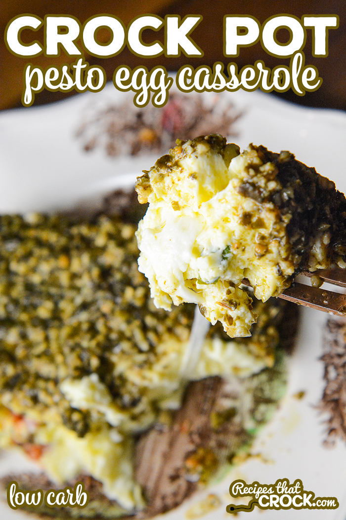Our Crock Pot Pesto Egg Casserole is an easy low breakfast casserole with fluffy eggs, savory pesto, tomatoes, basil and mozzarella cheese. This low carb recipe is perfect for brunch, potlucks and holidays. 