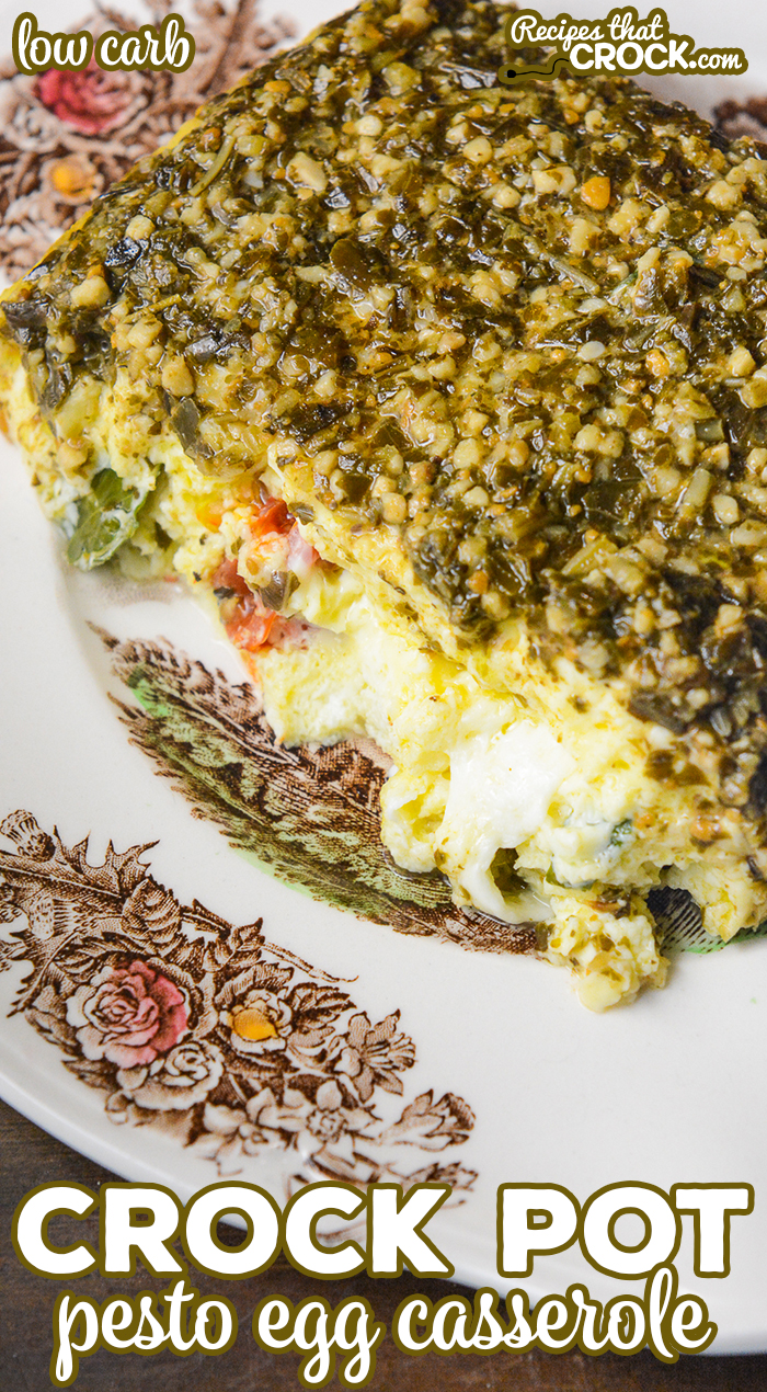 Our Crock Pot Pesto Egg Casserole is an easy low breakfast casserole with fluffy eggs, savory pesto, tomatoes, basil and mozzarella cheese. This low carb recipe is perfect for brunch, potlucks and holidays.ย