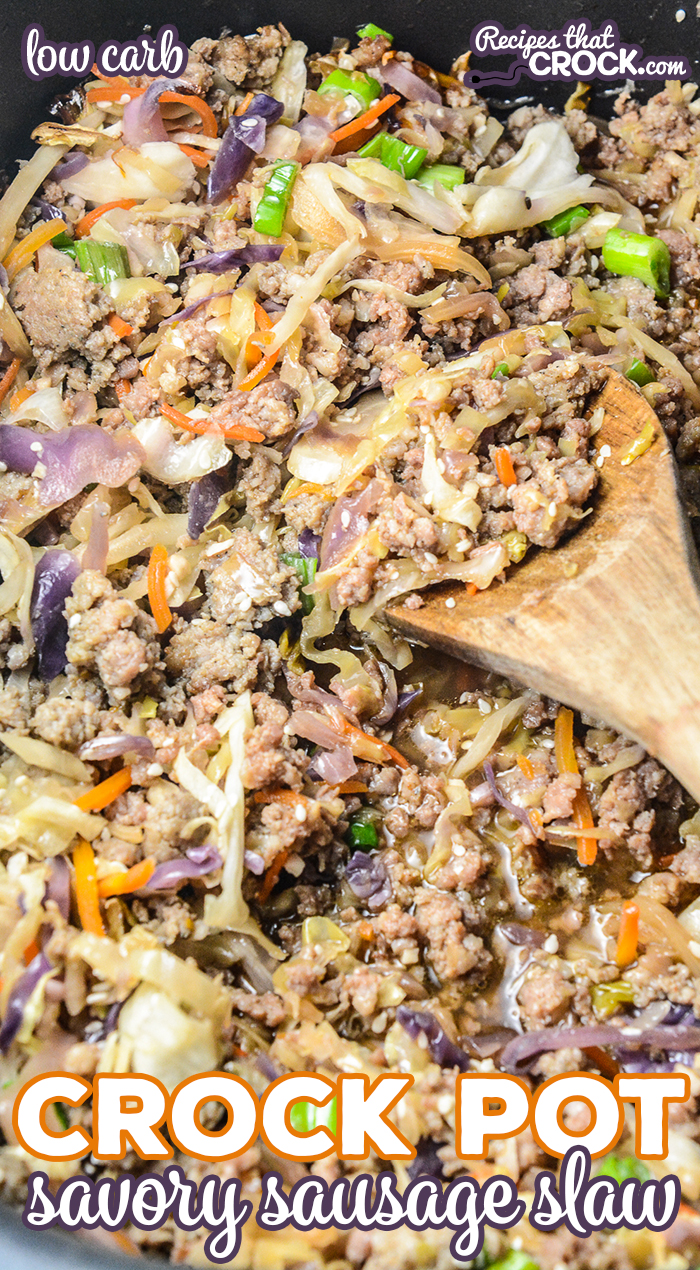 Our Crock Pot Savory Sausage Slaw is a hearty Asian-inspired dish with browned sausage, sesame flavored shredded cabbage and green onion. This low carb one pot meal is a family favorite in our house!