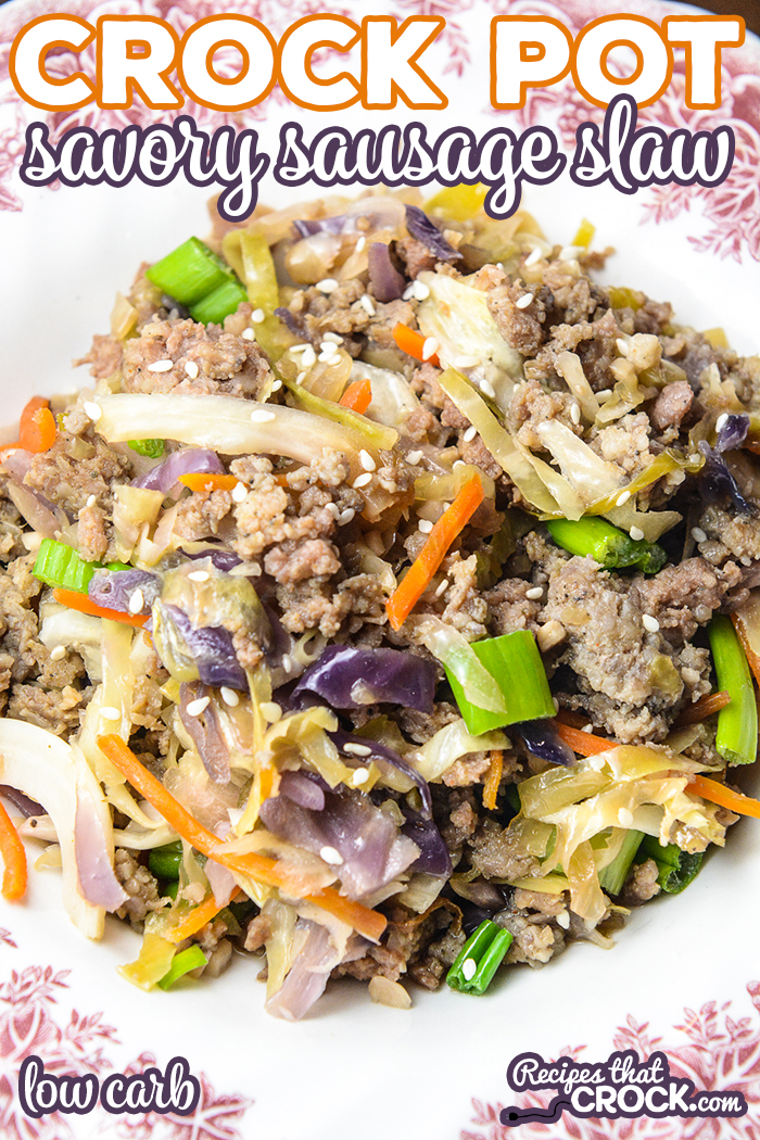Our Crock Pot Savory Sausage Slaw is a hearty Asian-inspired dish with browned sausage, sesame flavored shredded cabbage and green onion. This low carb one pot meal is a family favorite in our house!