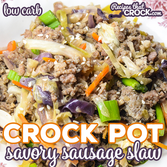 Our Crock Pot Savory Sausage Slaw is a hearty Asian-inspired dish with browned sausage, sesame flavored shredded cabbage and green onion. This low carb one pot meal is a family favorite in our house!
