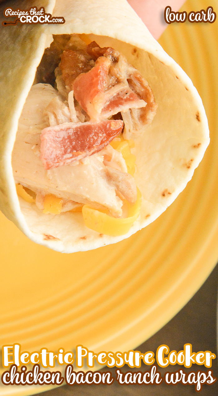 Our Electric Pressure Cooker Chicken Bacon Ranch Wraps are a great low carb sandwich that you can enjoy warm or cold! This easy recipe is perfect for your Ninja Foodi, Instant Pot and Crock Pot Express electric pressure cookers. We enjoy this creamy ranch flavored tender chicken and crisp bacon wrapped in a low carb tortilla with sharp cheddar cheese and sometimes even guacamole! via @recipescrock